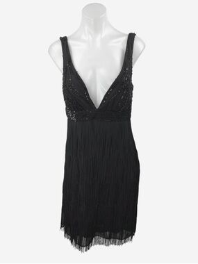 Marina Black Sequin Sleeveless Deep V-Neck Fringe Tank Sheath Mini Dress Size 8